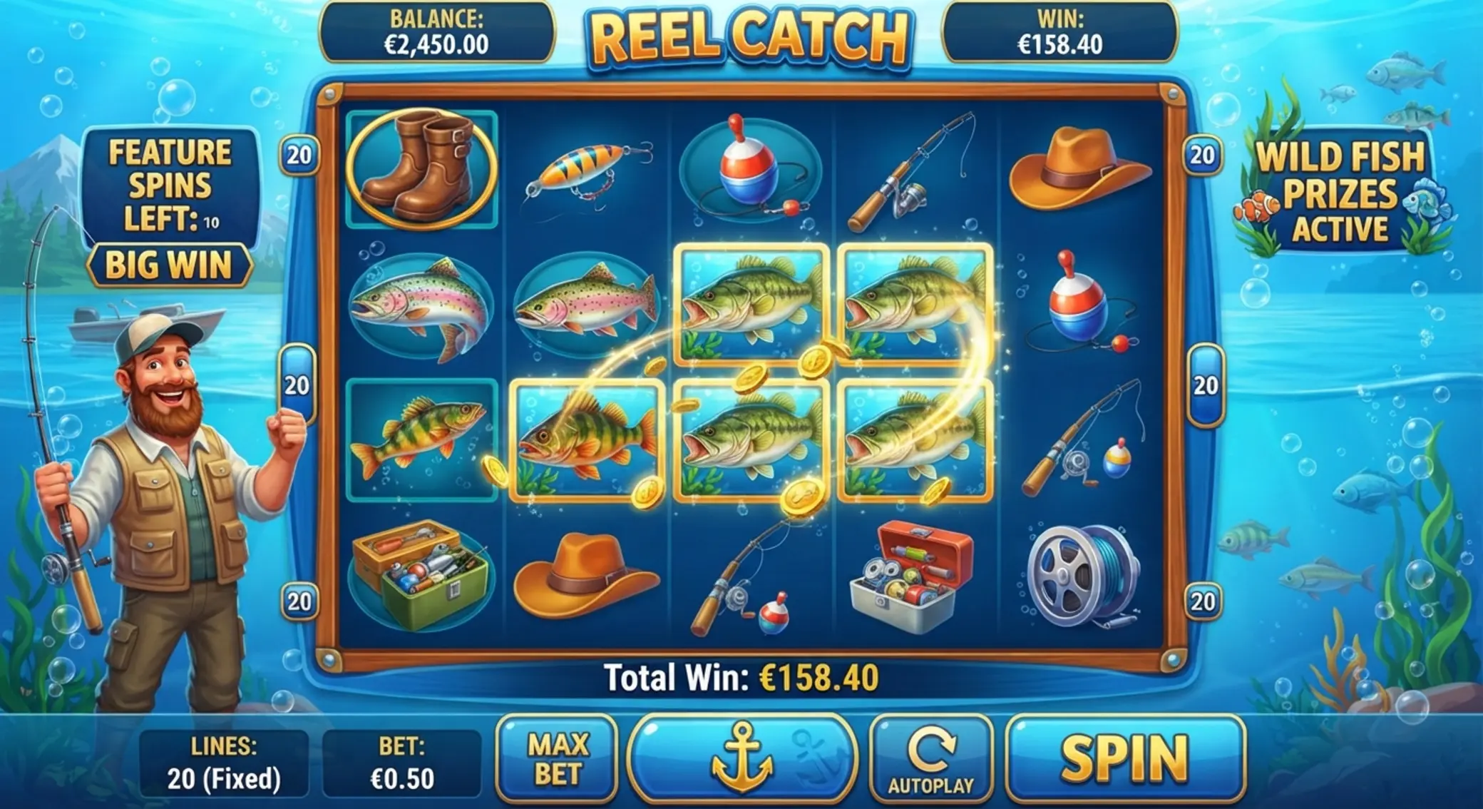 Ekran gry Big Bass Bonanza z rybami i wędkarzem