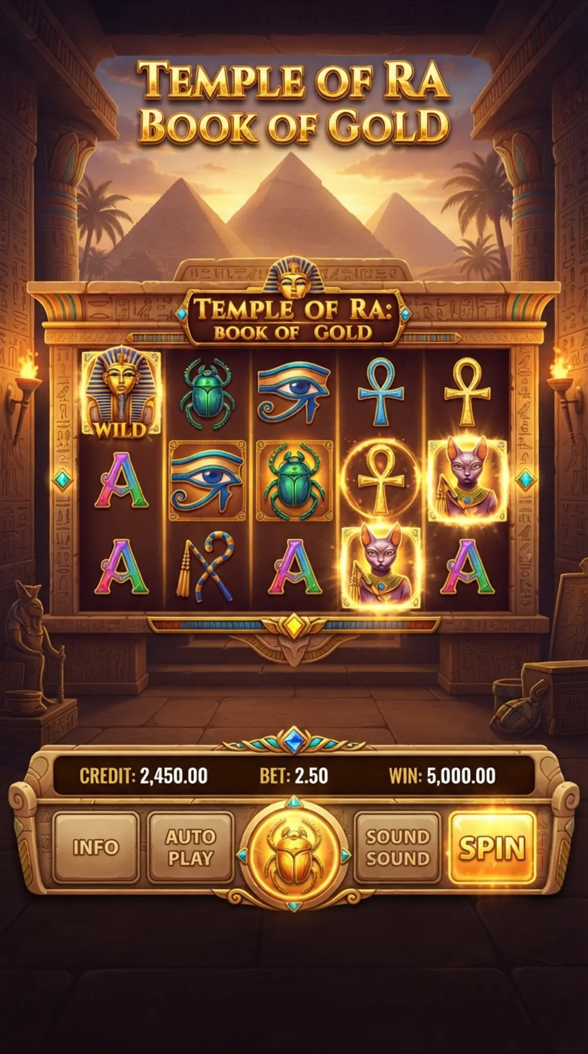 Ekran gry Book of Ra Deluxe z bębnami i piramidami