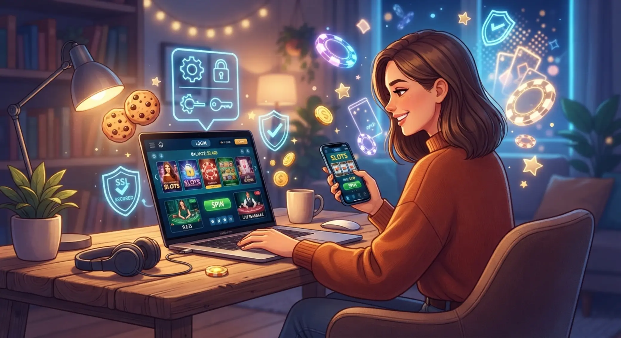 Gracz korzystający z kasyna online z ikonami cookies i prywatności