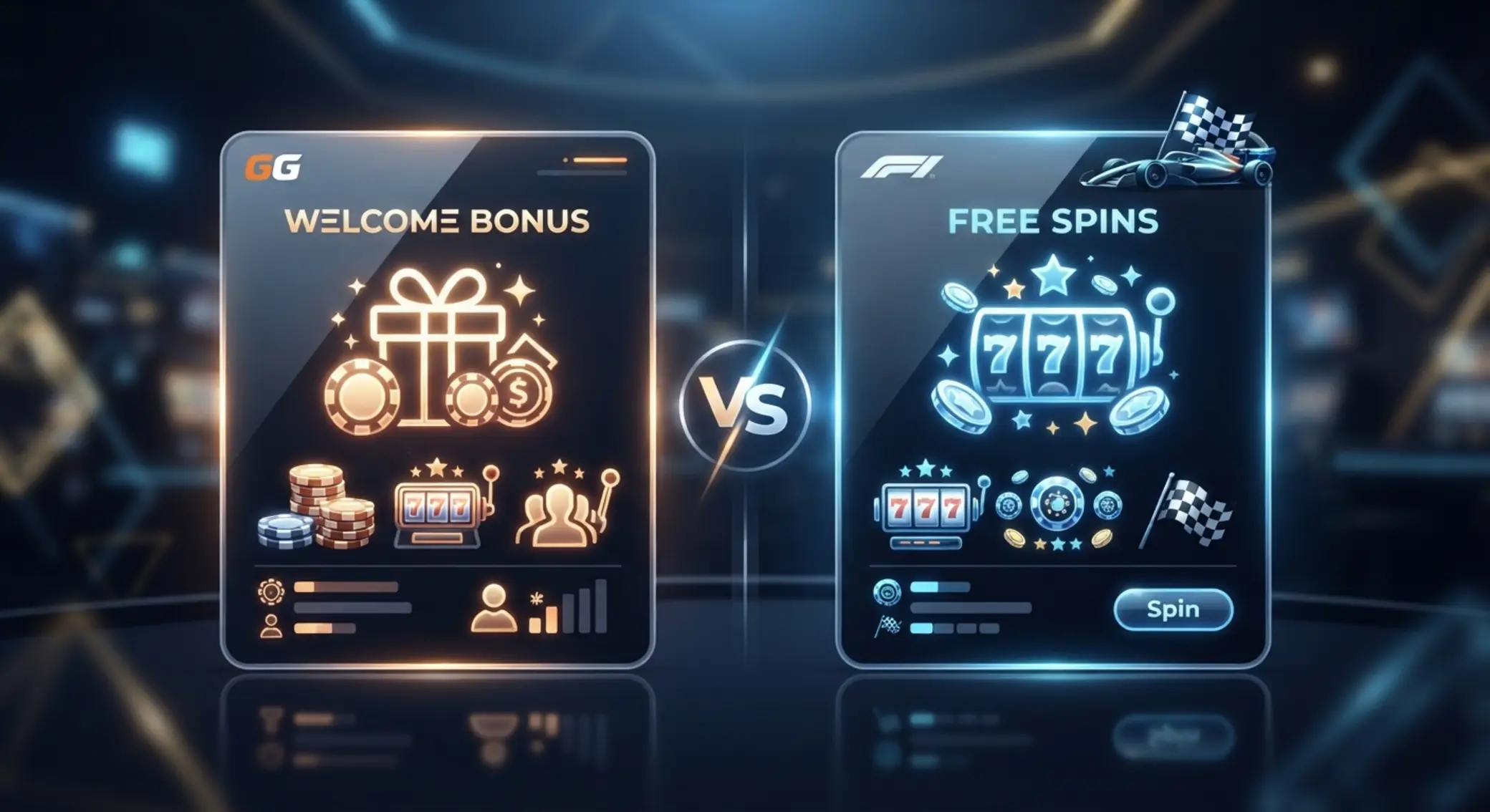 Ilustracja porównawcza bonusów GGBet i F1 Casino