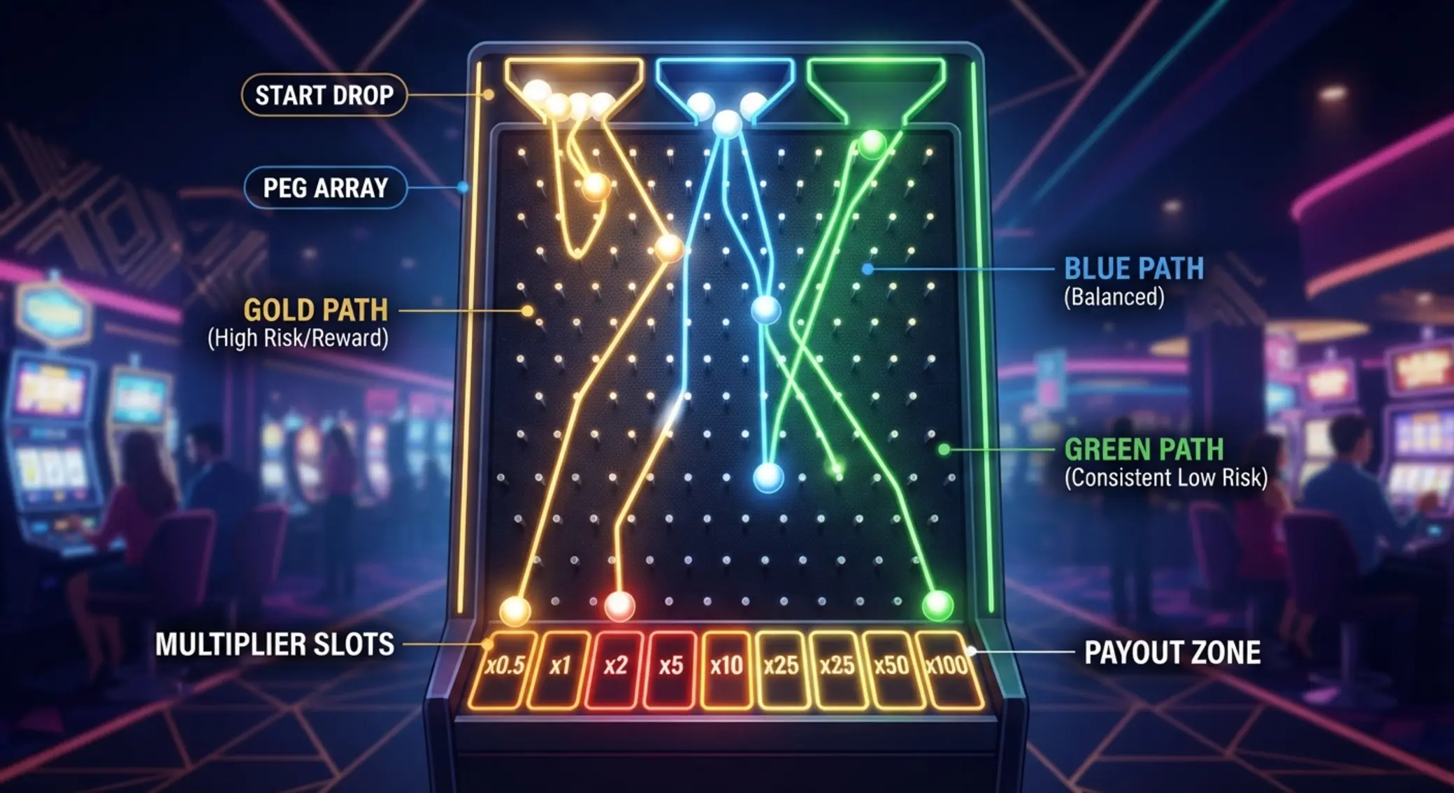 Schemat planszy Plinko z różnymi ścieżkami kulki i mnożnikami