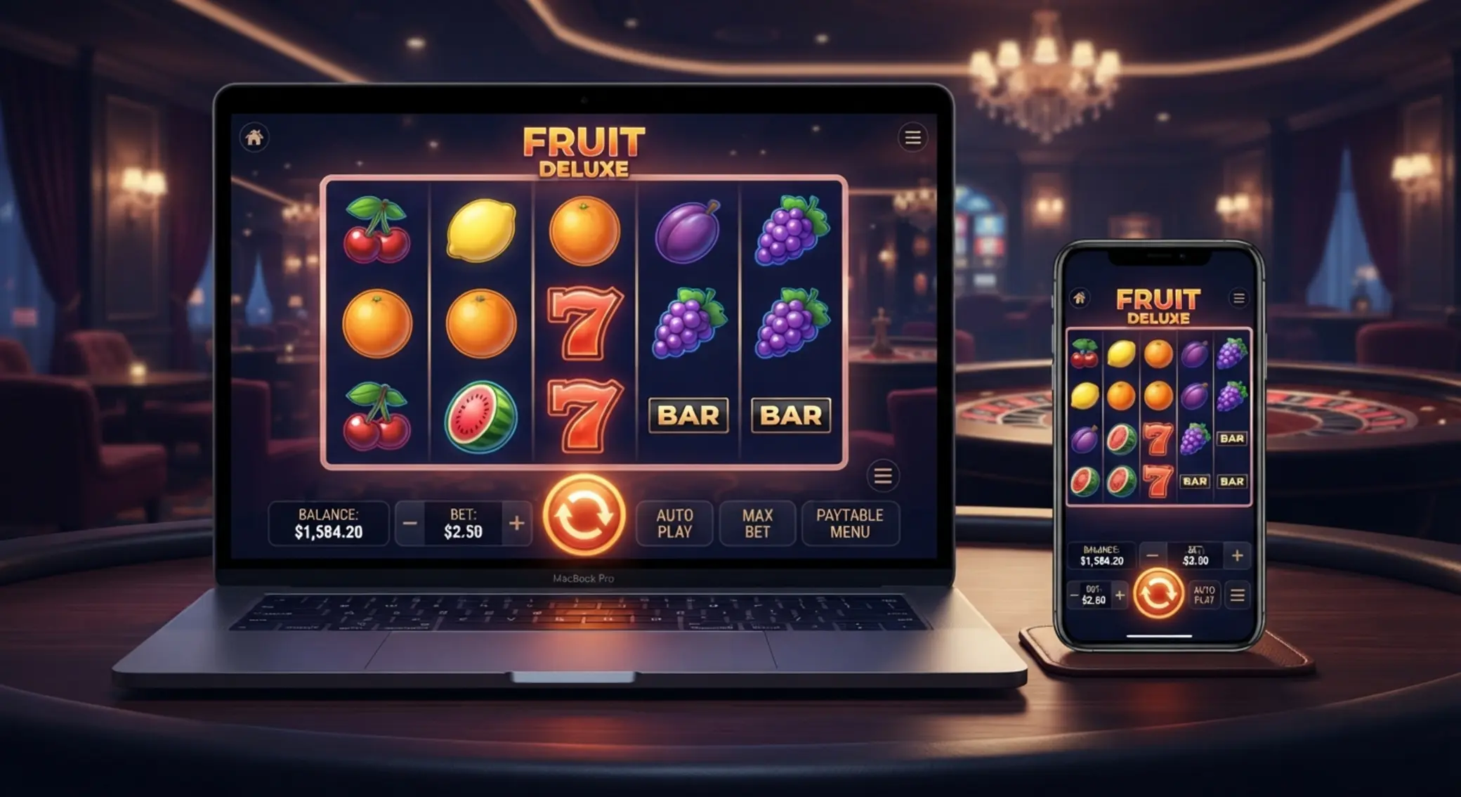 Prosty interfejs slotu na laptopie i telefonie z przyciskiem spin